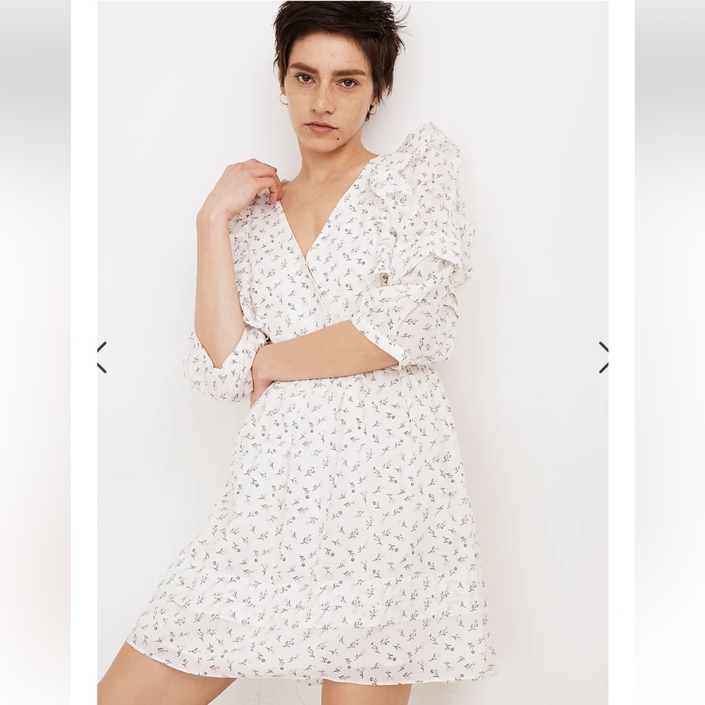 Madewell Ruffled Pleat-Sleeve Mini Ditsy Floral Dress In Spring Fling Size 4 NEW